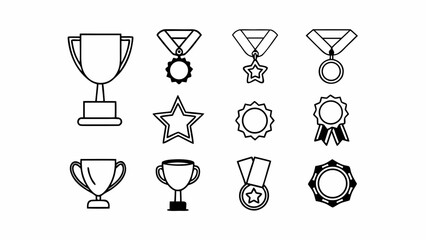 Illustration of a collection of outline style awards including trophies medals and star shapes in black and white created with generated ai