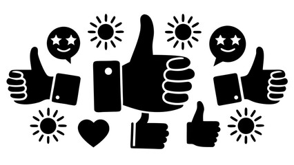 Group of thumbs up icons with suns heart and speech bubbles in black and white illustration style created with generated ai