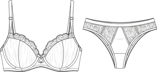 CAD drawing flat vector illustration of lace bra and panty set, technical lingerie design sketch for women’s underwear fashion, garment detailing template © Hasem Creative