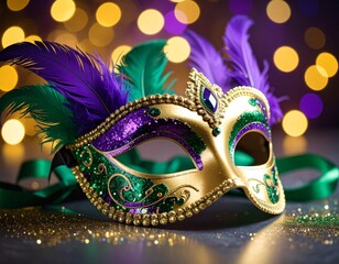 Golden Mardi Gras carnival mask with feathers on a blue background