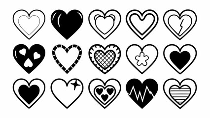 Collection of fifteen different heart shapes with various designs and patterns in black and white color scheme created with generated ai