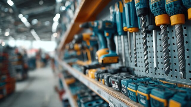 A close-up view of a display shelf filled with various power tools and drill bits, showcasing organized tools in a hardware store setting.