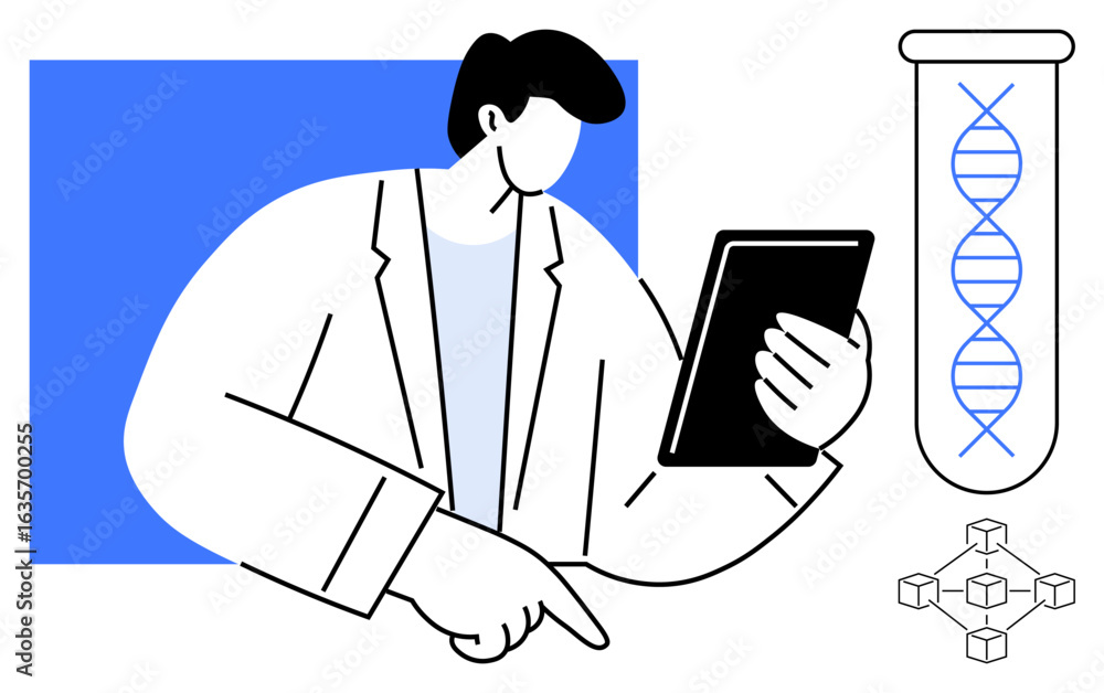 Poster scientist holding tablet points while examining dna helix in test tube and molecule structure. ideal
