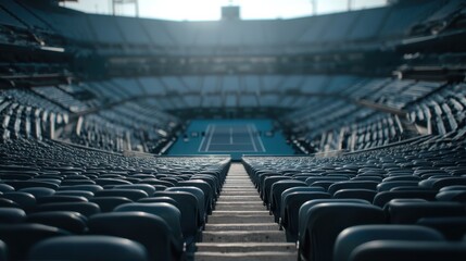 An empty tennis stadium with tiered seating, capturing a focused view towards the court, illuminated by soft natural light.