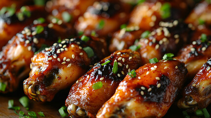 Savory baked chicken wings with a glossy teriyaki glaze, garnished with sesame and green onions.