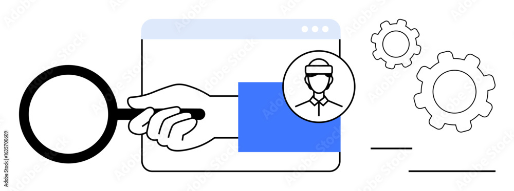 Poster hand holding magnifying glass over browser interface with user profile and gears, conveying analysis