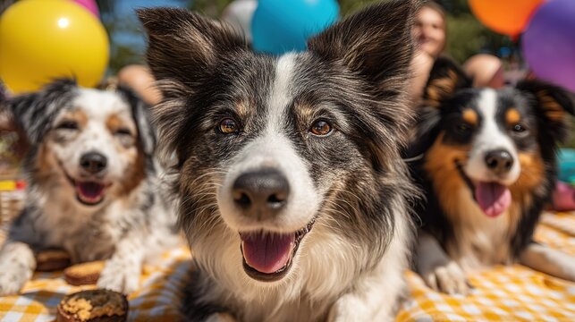 Group of dogs of different breeds celebrating International Dog Day, colorful balloons and dog treats on picnic blanket, happy owners in casual clothes, outdoor garden, sunny bright day, ultra HD, vib