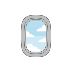Fototapeta premium Colorful open airplane window with clouds travel sky icon with no white color