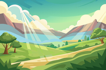 Spring Valley Background With Sunrays And Clouds