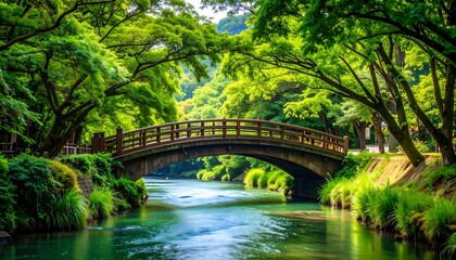 Fototapeta premium Lush green park with arched bridge over tranquil waterway