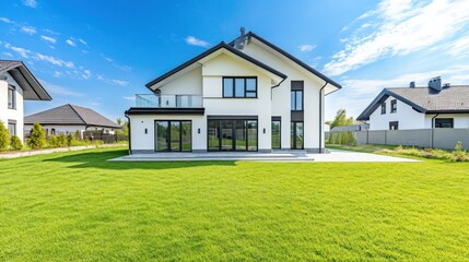 Modern white house with lush lawn