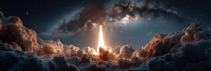 Space exploration scene with rocket launching into night sky. Powerful liftoff, glowing exhaust trail, dramatic clouds. Test flight, cutting-edge aerospace technology, experimental launch phase