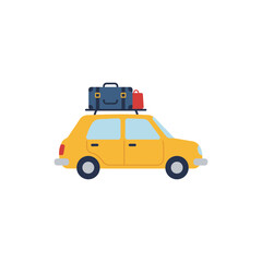Naklejka premium Colorful road trip car with luggage on top icon for travel adventure and vacation with no white color