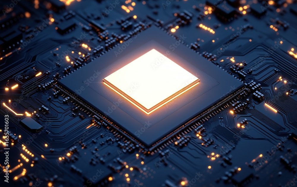 Aufkleber close-up of advanced microchip with glowing elements on dark circuit board background, radiating sof