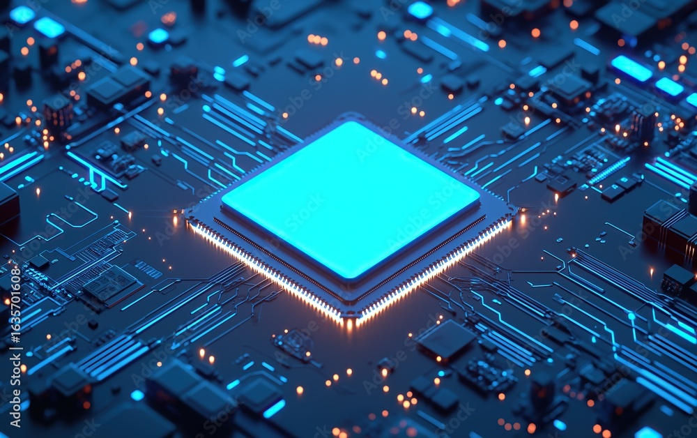 Aufkleber abstract futuristic blue glowing chip on circuit board background with digital network and artificia