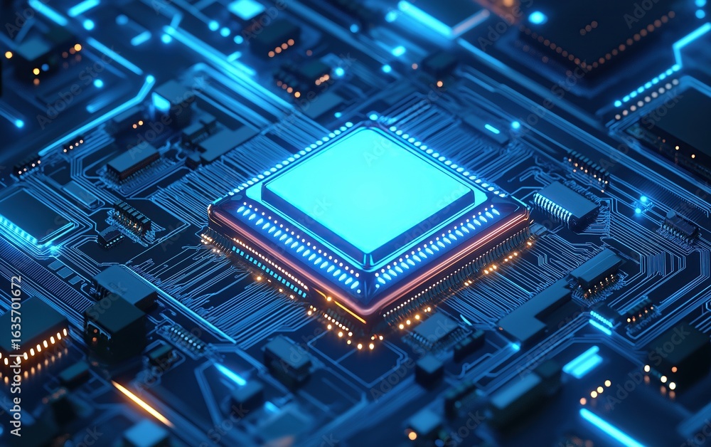 Aufkleber blue glowing chip on circuit board background representing digital technology and computer concept