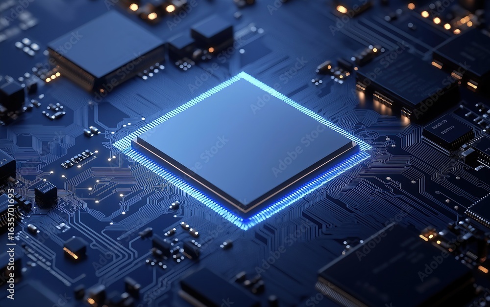 Aufkleber blue circuit board with illuminated central chip symbolizing high-tech innovation, featuring glowing