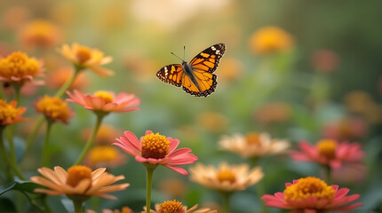 Fototapeta premium Monarch butterfly gracefully flitting among a field of vibrant wildflowers delight
