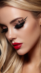 Fototapeta premium Blonde woman with spider web eye makeup and red lipstick, showcasing creative Halloween makeup style and glamorous look