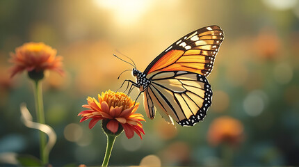 Obraz premium Monarch butterfly resting peacefully on vibrant orange flower in a sunlit meadow