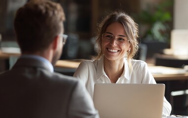 Happy young woman in glasses smiling during friendly conversation with man in modern office environment at daytime, engaged in productive teamwork discussion