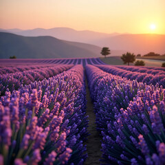 Fototapeta premium Lavender fields at sunset, tranquil Provence landscape with purple flowers