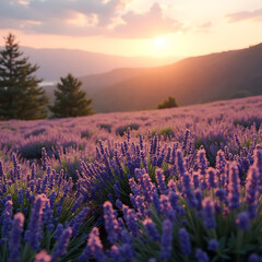Naklejka premium Lavender field at sunset with mountains and cloudy sky during golden hour