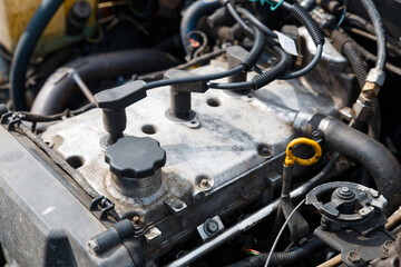 Old and dirty motor of the old car. Shallow focus.