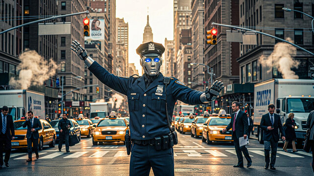 Futuristic NYPD Robot Police Officer Directing Traffic in Busy NYC Street, Dramatic Lighting