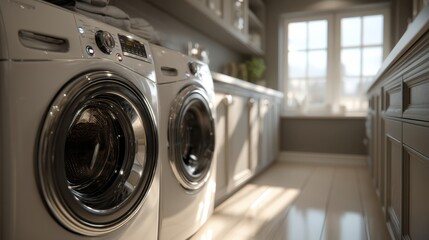 A modern laundry room featuring sleek washing machines, organized cabinetry, and natural light streaming through the windows.