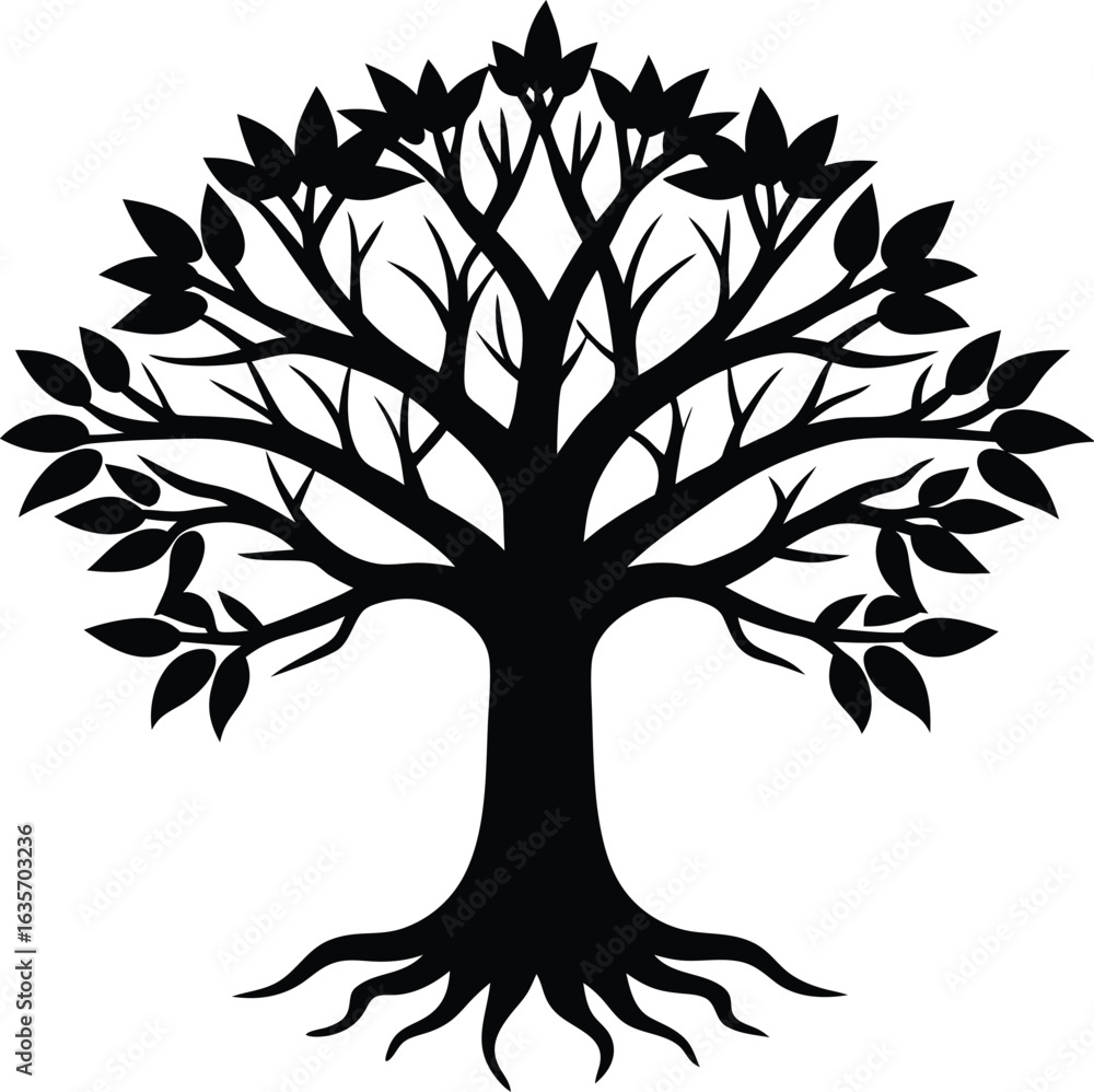 Poster black silhouette of a large deciduous tree with spreading branches and visible roots isolated on tra