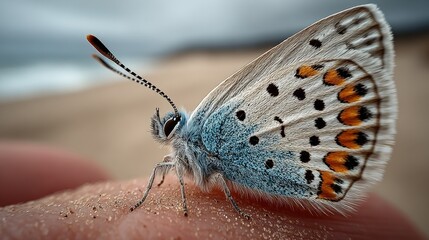 Obraz premium Soft hand of a child gently holds a rare Antioch Dunes Clouded Blue butterfly
