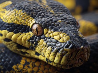 Obraz premium A strikingly detailed close-up captures the textured scales and intense gaze of a yellow and black snake, evoking a sense of primal beauty and cautious observation.