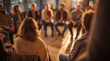 Group Therapy Session in a Warm, Inviting Room with Participants Engaged in Conversation and Supportive Interaction