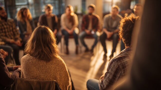 Group Therapy Session in a Warm, Inviting Room with Participants Engaged in Conversation and Supportive Interaction