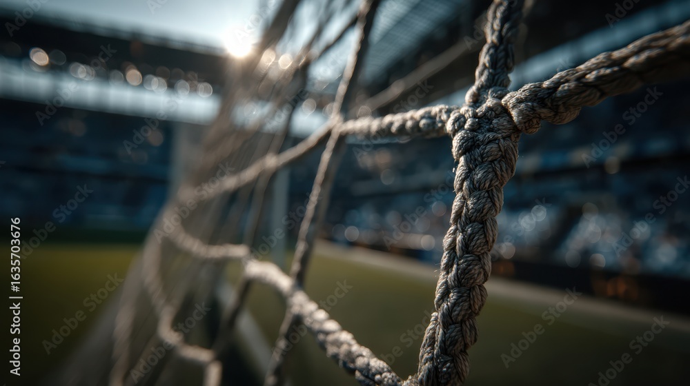 Poster a close-up view of a soccer net, showcasing its intricate knots and the blurred background of a stad