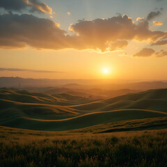 Obraz premium Stunning Tuscany landscape at sunset with rolling hills and warm, golden light