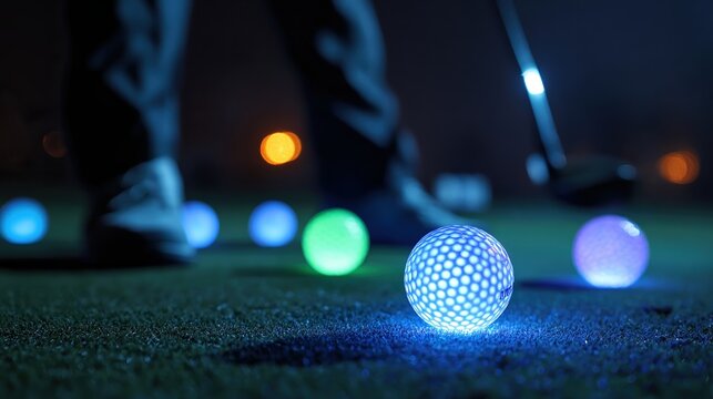 Dynamic Night Golf Scene Featuring Illuminated Golf Balls on a Green Course with a Golfer Preparing to Swing a Club Under Soft Lights
