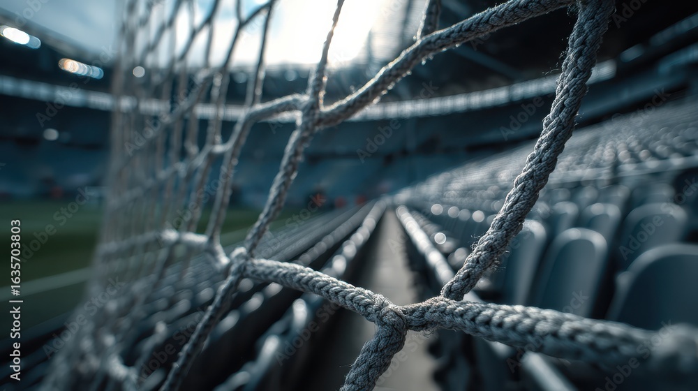 Poster a close-up view of a soccer goal net with empty stadium seats in the background, highlighting the an