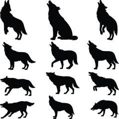 Wolf silhouette set, howling wolf vector, wild animal clipart, coyote illustration, wildlife graphic design, forest predator art bundle