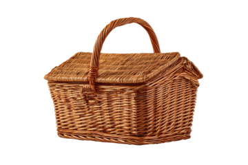 A light brown wicker picnic basket.  It's rectangular, with a hinged lid.  Handles are present.  Isolated on black