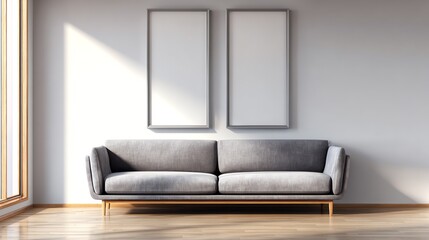 A minimalist interior scene features a comfortable gray sofa positioned beneath two framed blank canvases, bathed in soft natural light, evoking a sense of calm and spaciousness.