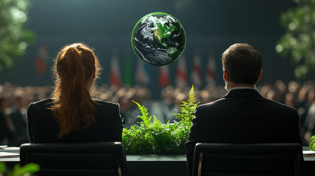 Two politicians sitting at conference table, discussing global issues with earth globe hovering above