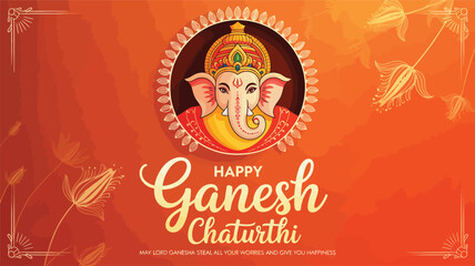 happy ganesh chaturthi greeting card with lord ganesha illustration, festive message, floral patterns and orange decorative background