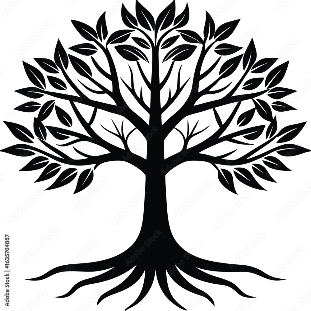 Poster Stylized tree silhouette with intricate branches and roots isolated on transparent background