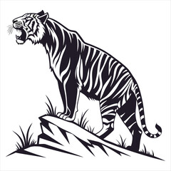 Stylized tiger roaring on a rock with grass
