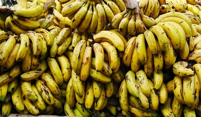 Close-up shot of a large pile of ripe yellow bananas on a market stall. The bananas are arranged in...