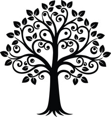 Decorative tree silhouette with swirling branches isolated on transparent background