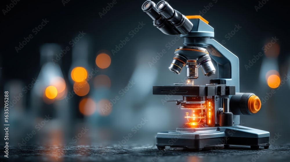 Poster a close-up of a modern microscope with glowing elements, set against a blurred background of laborat