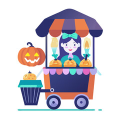 Fototapeta premium Girl in halloween costume with pumpkin cart isolated on white background